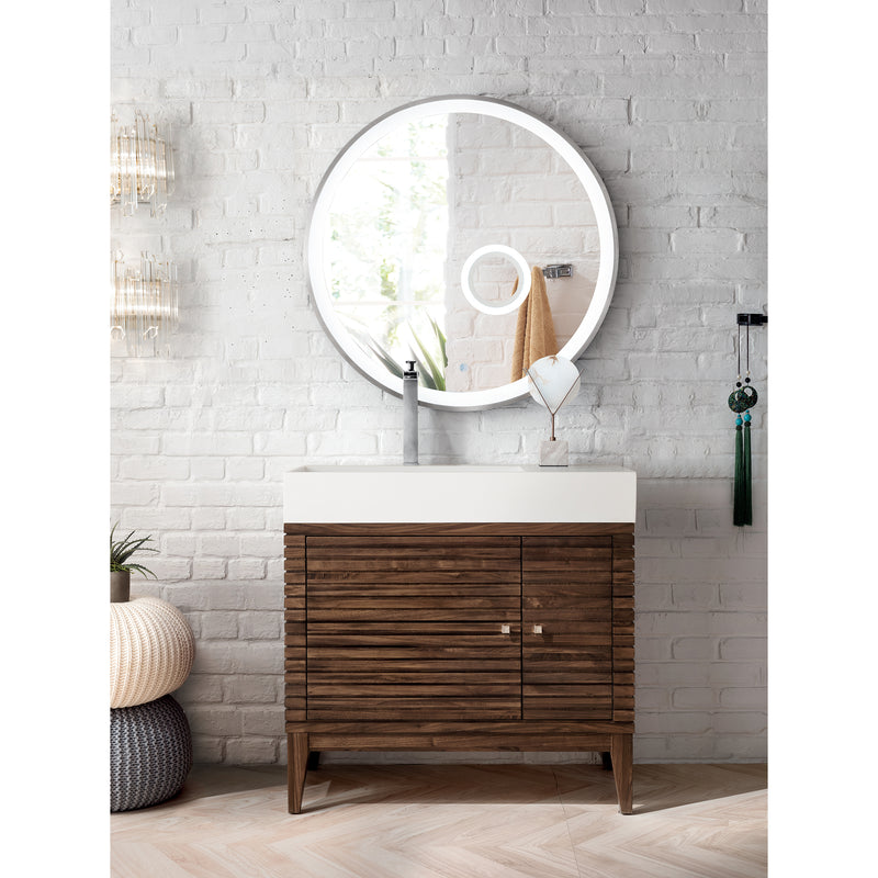 James Martin Linear 36" Single Vanity Mid Century Walnut with Glossy White Composite Top 210-V36-WLT-GW