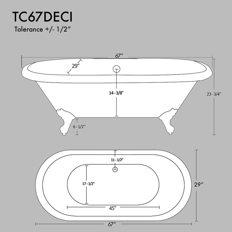 Cambridge Plumbing Cast Iron Double Ended Clawfoot Tub 67" x 30" No Drillings BN Feet