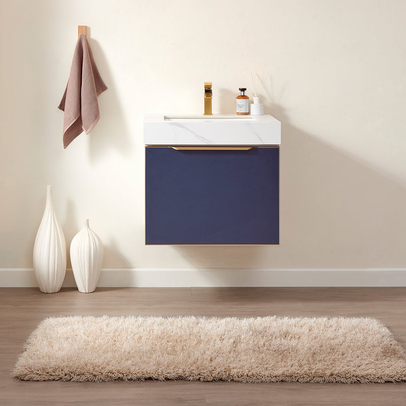 Alicante 24" Single Sink Bath Vanity in Blue with White Sintered Stone Top and Mirror