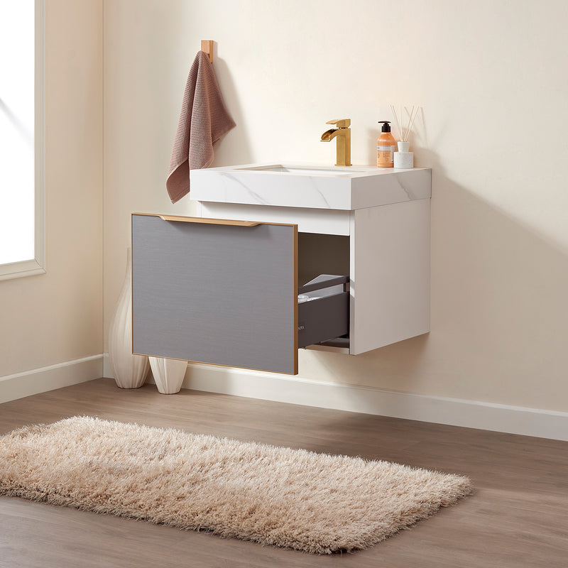 Alicante 24" Single Sink Bath Vanity in Blue with White Sintered Stone Top and Mirror