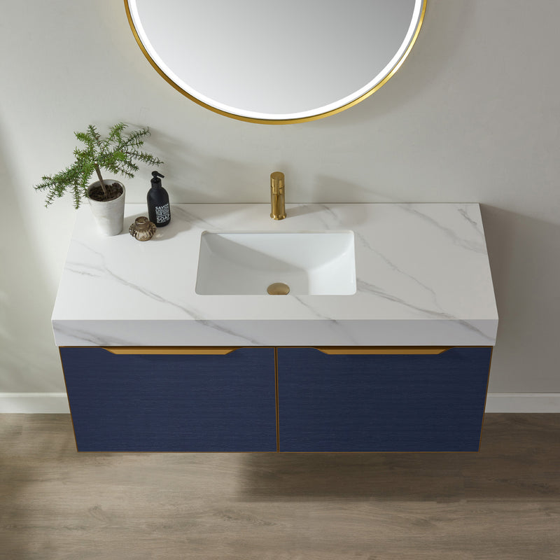 Alicante 48" Vanity in Classic Blue with White Sintered Stone Countertop and undermount sink With Mirror