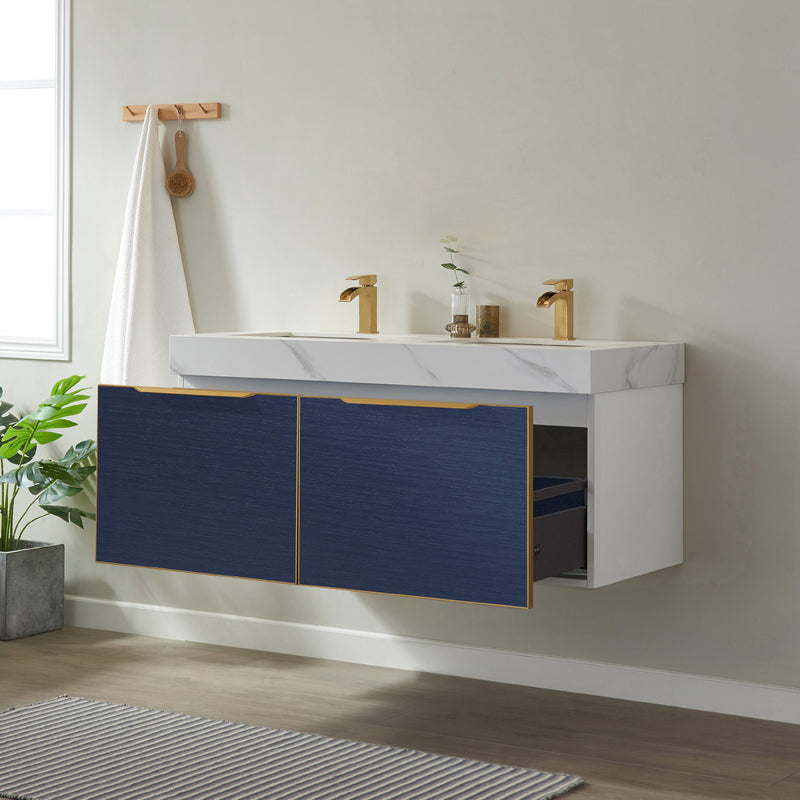 Alicante 48M" Vanity in Classic Blue with White Sintered Stone Countertop and undermount sink With Mirror