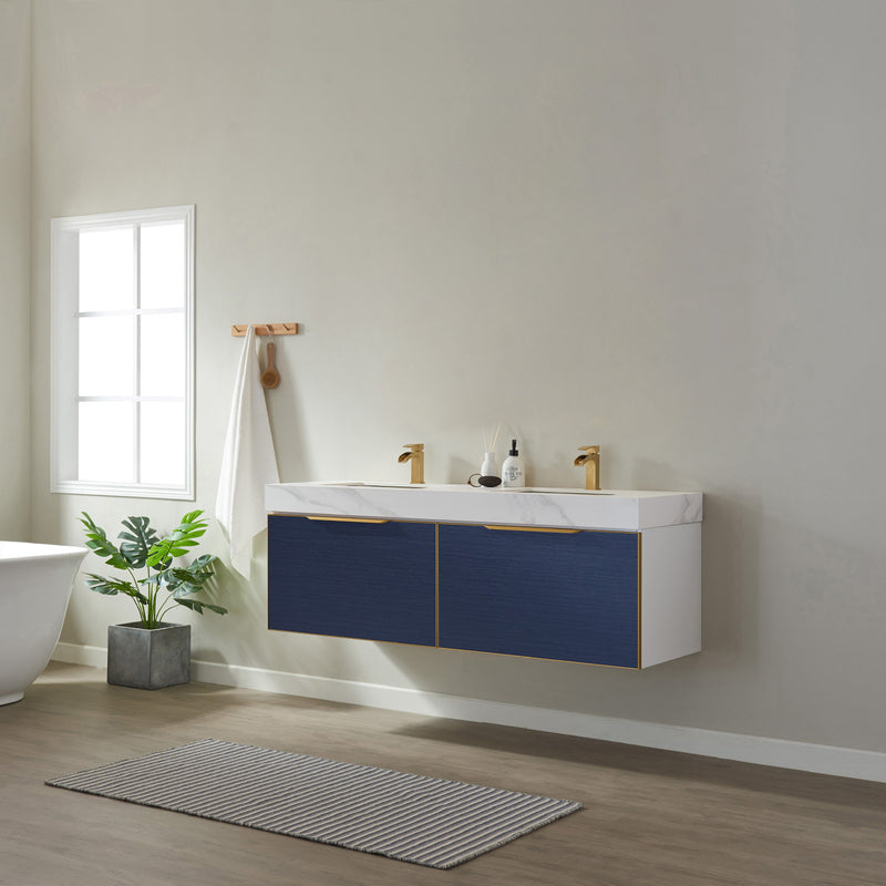 Alicante 60" Vanity in Classic Blue with White Sintered Stone Countertop and undermount sink With Mirror