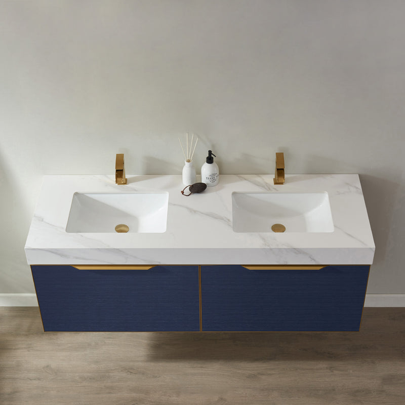 Alicante 60" Vanity in Classic Blue with White Sintered Stone Countertop and undermount sink With Mirror