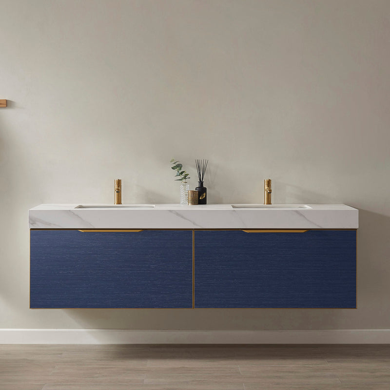 Alicante 72" Vanity in Classic Blue with White Sintered Stone Countertop and undermount sink With Mirror