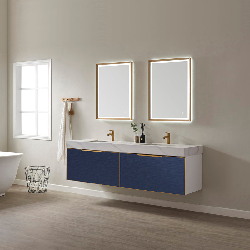 Alicante 72" Vanity in Classic Blue with White Sintered Stone Countertop and undermount sink With Mirror