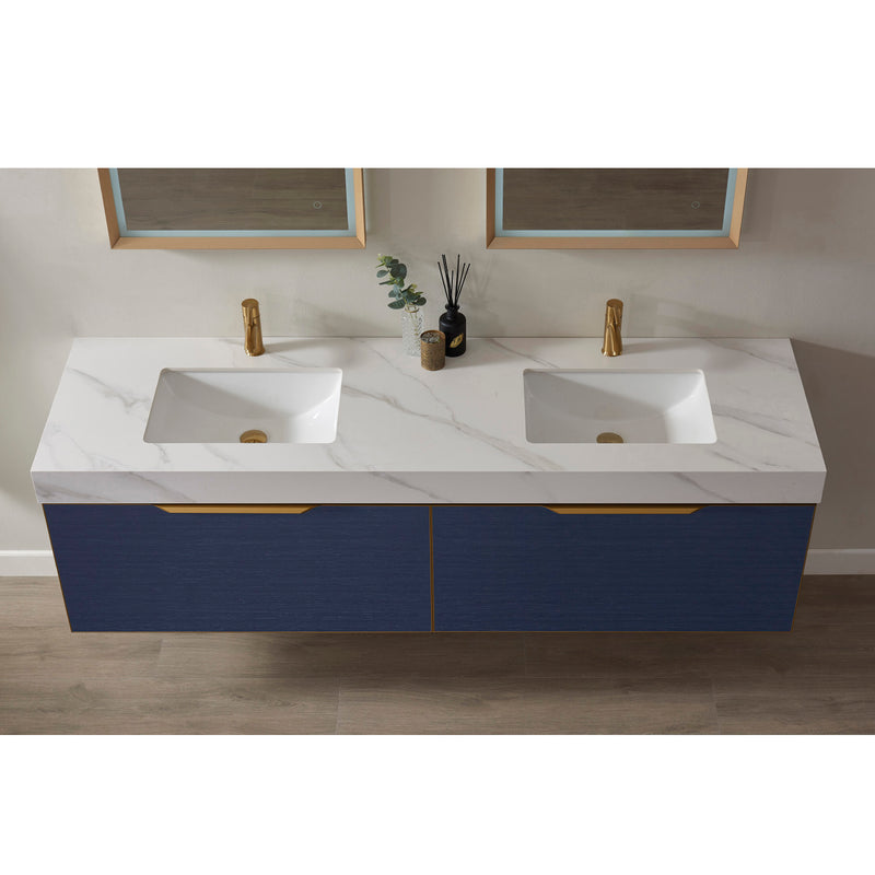 Alicante 72" Vanity in Classic Blue with White Sintered Stone Countertop and undermount sink With Mirror