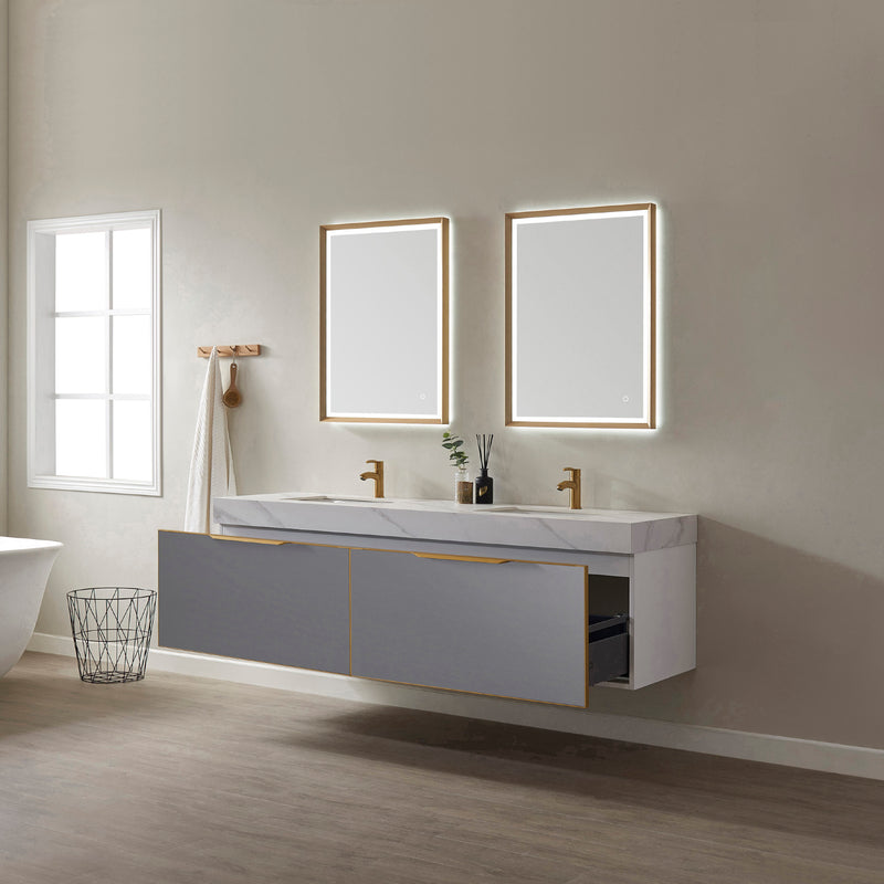 Alicante 72" Vanity in Classic Blue with White Sintered Stone Countertop and undermount sink With Mirror