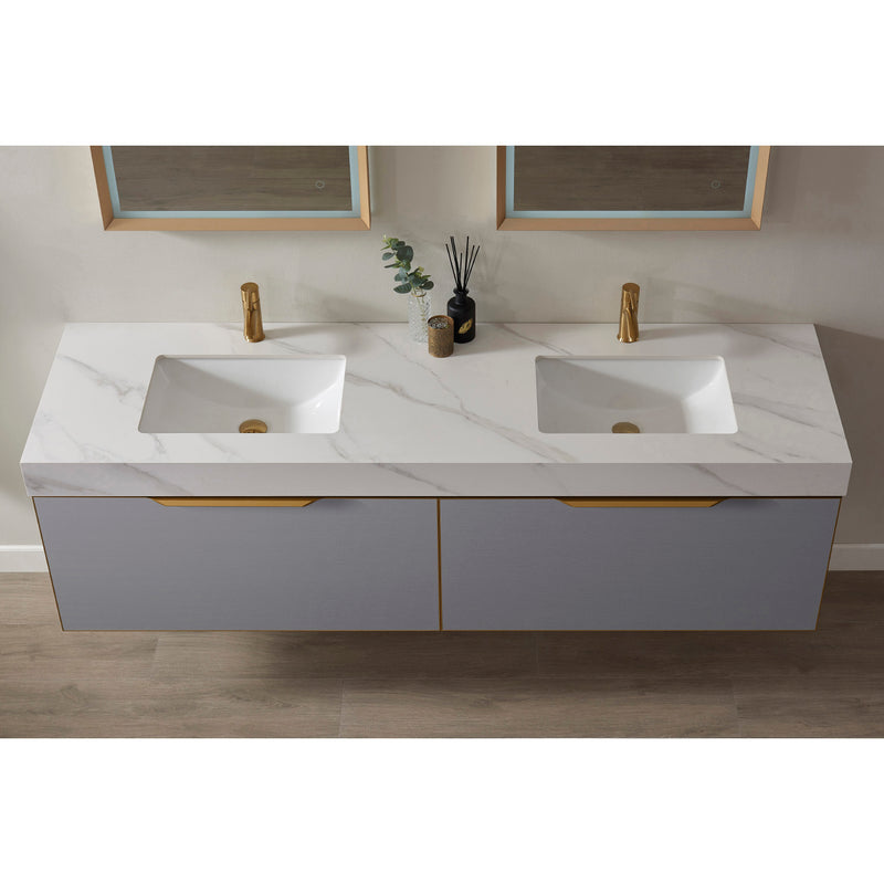 Alicante 72" Vanity in Classic Blue with White Sintered Stone Countertop and undermount sink With Mirror