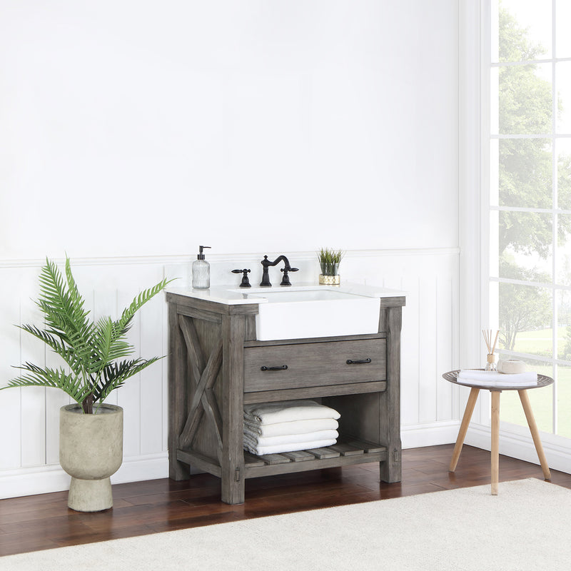 Villareal 36" Single Bath Vanity with Composite Stone Top in White, White Farmhouse Basin