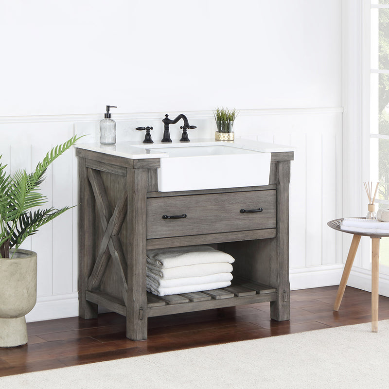 Villareal 36" Single Bath Vanity with Composite Stone Top in White, White Farmhouse Basin