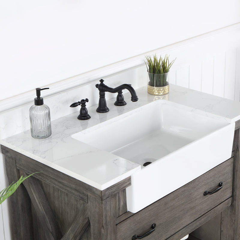 Villareal 36" Single Bath Vanity with Composite Stone Top in White, White Farmhouse Basin