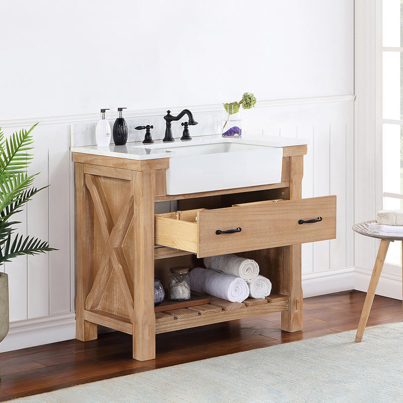 Villareal 36" Single Bath Vanity with Composite Stone Top in White, White Farmhouse Basin