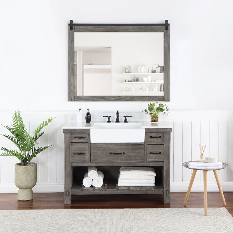 Villareal 48" Single Bath Vanity with Composite Stone Top in White, White Farmhouse Basin