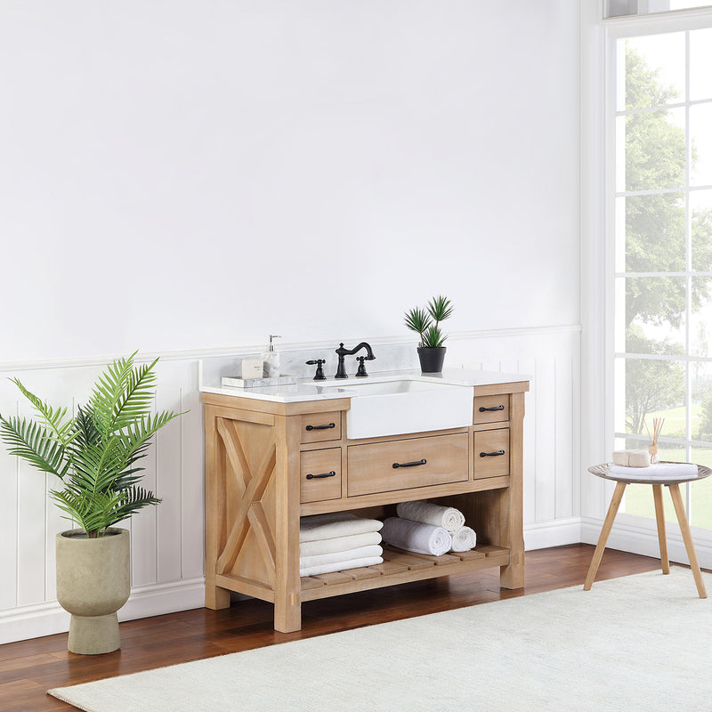 Villareal 48" Single Bath Vanity with Composite Stone Top in White, White Farmhouse Basin