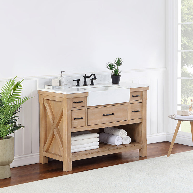 Villareal 48" Single Bath Vanity with Composite Stone Top in White, White Farmhouse Basin