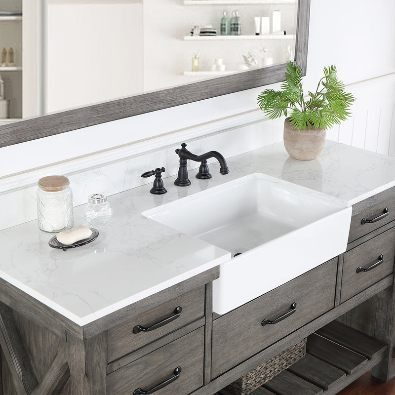 Villareal 60" Single Bath Vanity with Composite Stone Top in White, White Farmhouse Basin