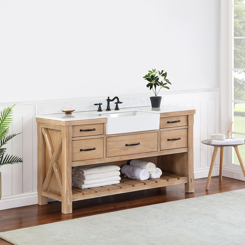 Villareal 60" Single Bath Vanity with Composite Stone Top in White, White Farmhouse Basin