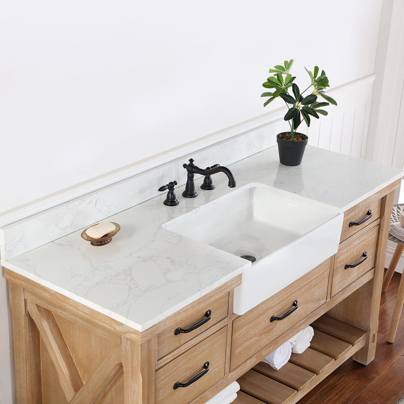 Villareal 60" Single Bath Vanity with Composite Stone Top in White, White Farmhouse Basin