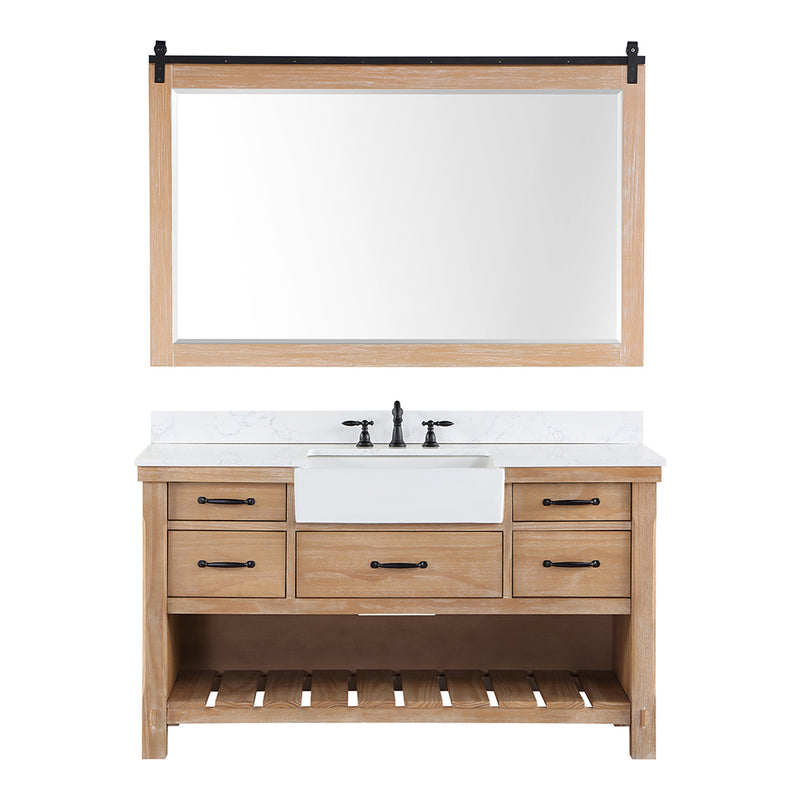 Villareal 60" Single Bath Vanity with Composite Stone Top in White, White Farmhouse Basin