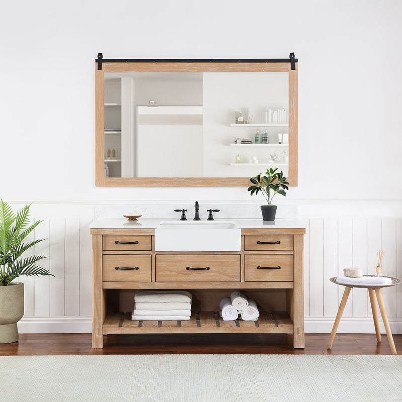 Villareal 60" Single Bath Vanity with Composite Stone Top in White, White Farmhouse Basin