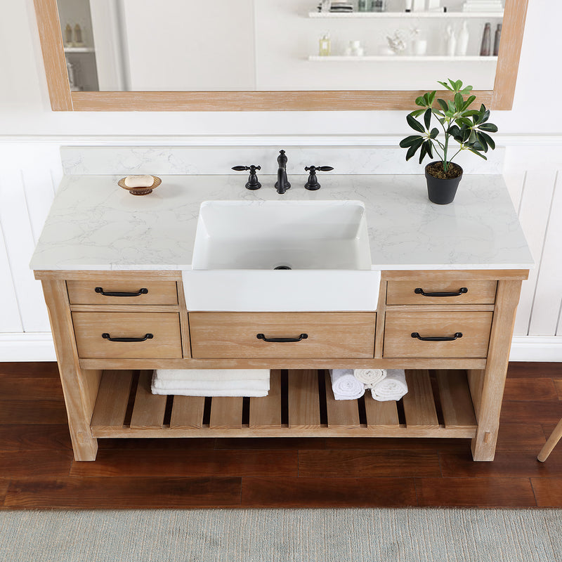 Villareal 60" Single Bath Vanity with Composite Stone Top in White, White Farmhouse Basin