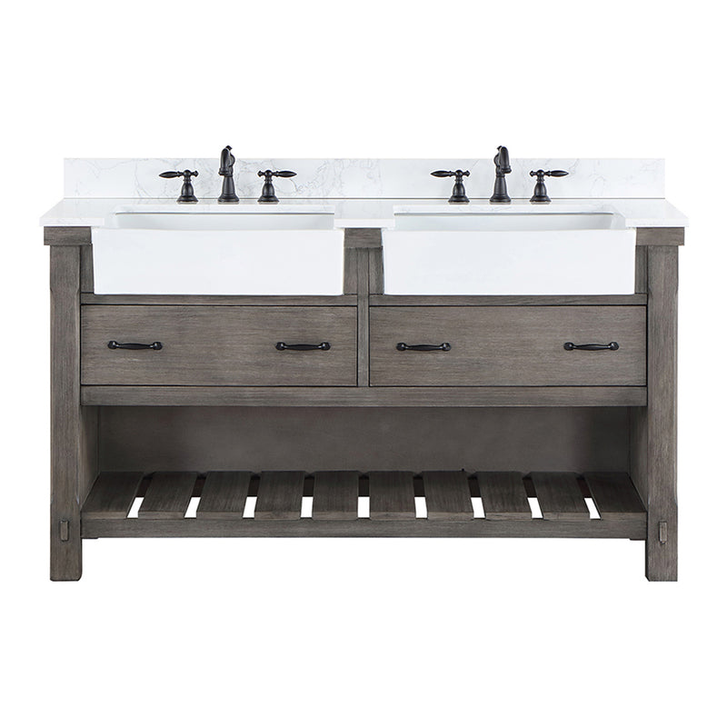 Villareal 60" Double Bath Vanity with Composite Stone Top in White, White Farmhouse Basin