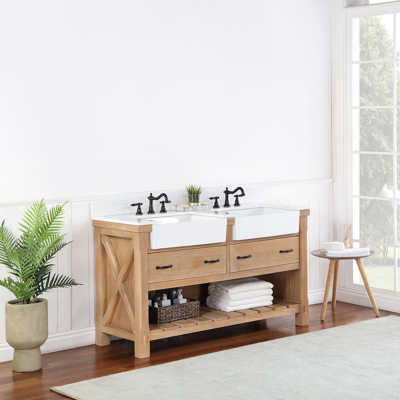 Villareal 60" Double Bath Vanity with Composite Stone Top in White, White Farmhouse Basin