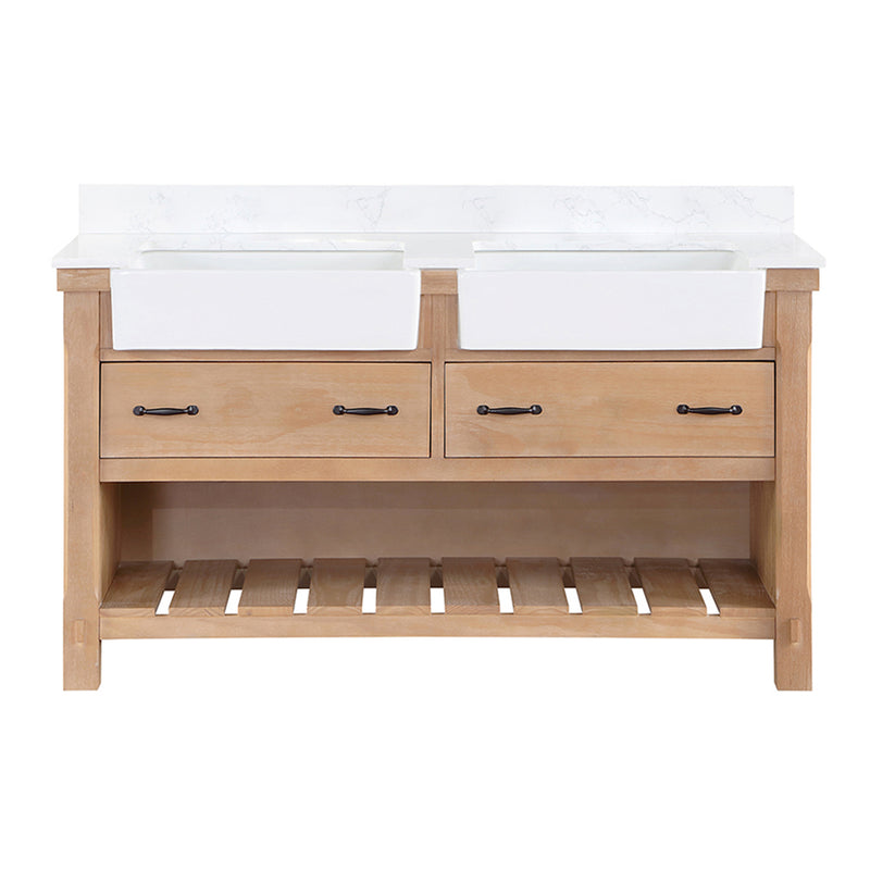 Villareal 60" Double Bath Vanity with Composite Stone Top in White, White Farmhouse Basin