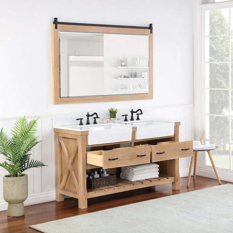 Villareal 60" Double Bath Vanity with Composite Stone Top in White, White Farmhouse Basin