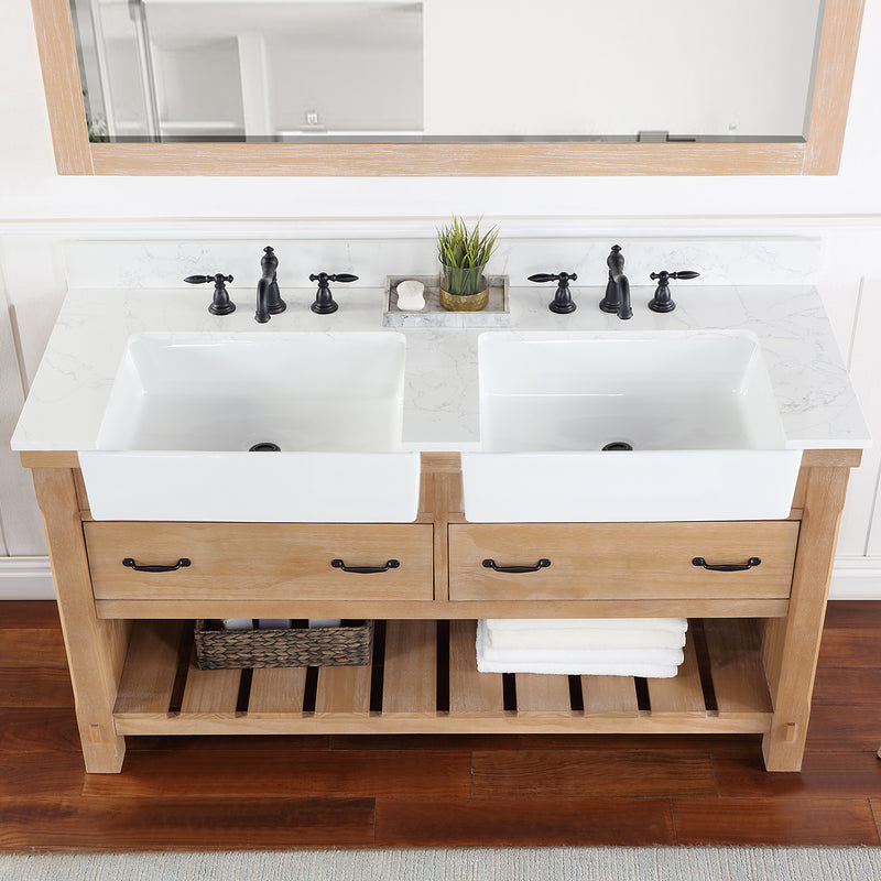 Villareal 60" Double Bath Vanity with Composite Stone Top in White, White Farmhouse Basin