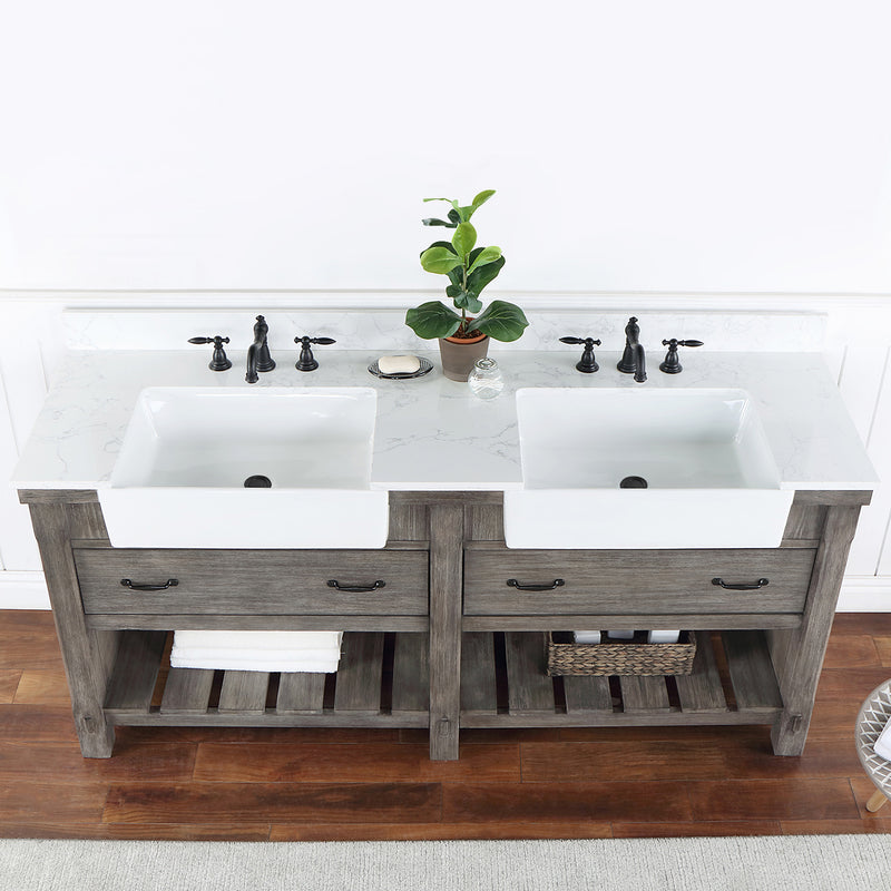 Villareal 72" Double Bath Vanity with Composite Stone Top in White, White Farmhouse Basin