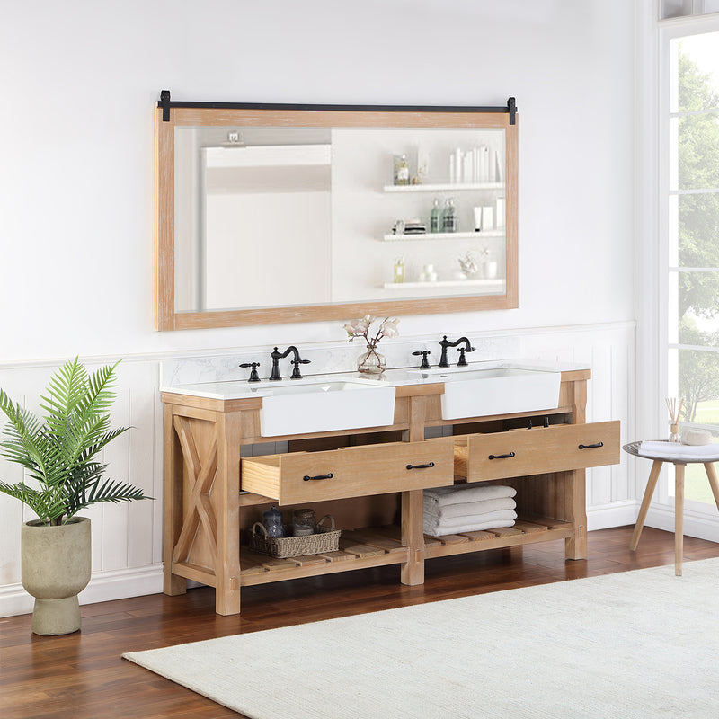 Villareal 72" Double Bath Vanity with Composite Stone Top in White, White Farmhouse Basin