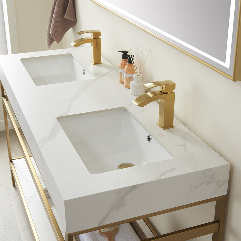 Vinnova Design Funes 60M" Double Sink Bath Vanity Metal Support with Sintered Stone Top