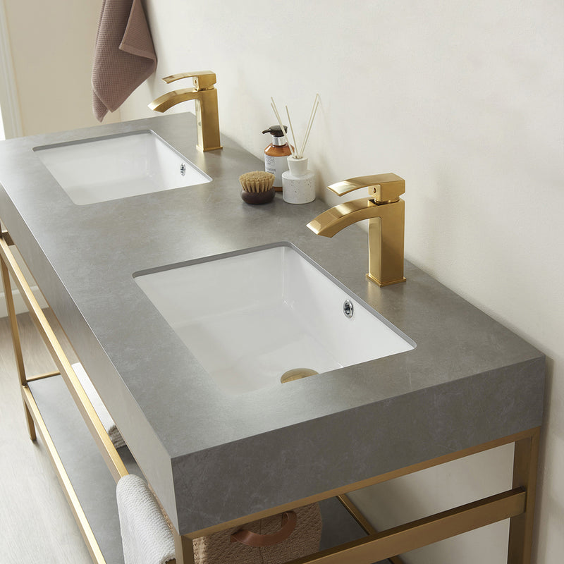 Vinnova Design Funes 60M" Double Sink Bath Vanity Metal Support with Sintered Stone Top