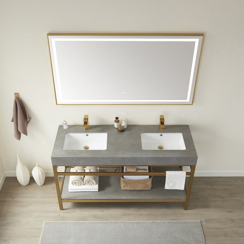 Vinnova Design Funes 60M" Double Sink Bath Vanity Metal Support with Sintered Stone Top