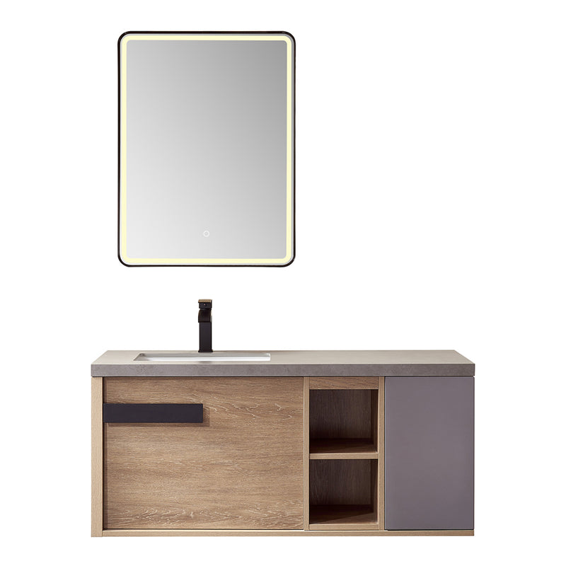 Vinnova Design Carcastillo 47" Single Sink Bath Vanity in North American Oak with Grey Sintered Stone Top and Mirror