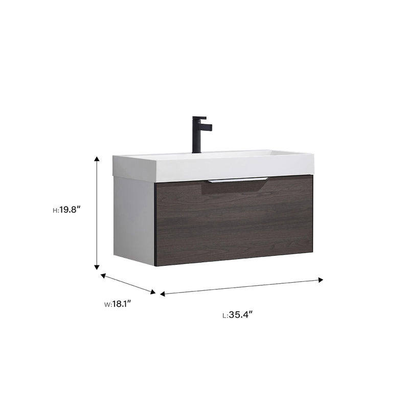 Vinnova Design Vegadeo 36" Single Sink Bath Vanity in Grey with White One-Piece Composite Stone Sink Top and Mirror