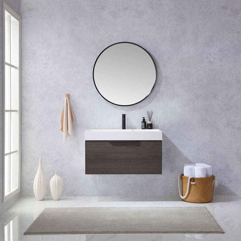 Vinnova Design Vegadeo 36" Single Sink Bath Vanity in Grey with White One-Piece Composite Stone Sink Top and Mirror