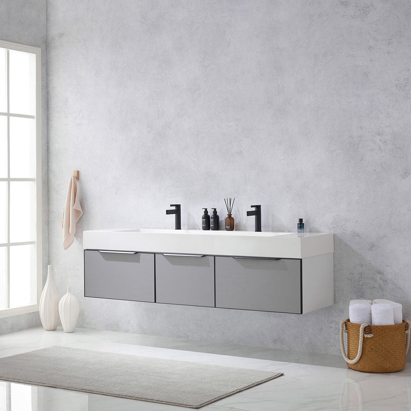 Vinnova Design Vegadeo 72" Double Sink Bath Vanity in Grey with White One-Piece Composite Stone Sink Top and Mirror