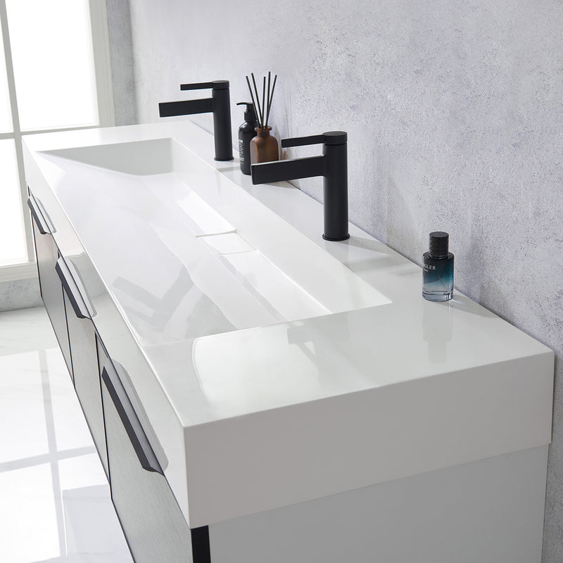 Vinnova Design Vegadeo 72" Double Sink Bath Vanity in Grey with White One-Piece Composite Stone Sink Top and Mirror