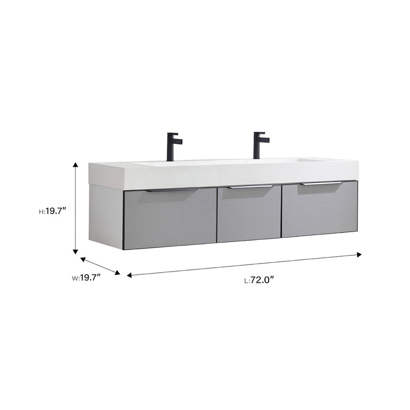 Vinnova Design Vegadeo 72" Double Sink Bath Vanity in Grey with White One-Piece Composite Stone Sink Top and Mirror