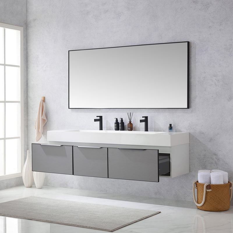 Vinnova Design Vegadeo 72" Double Sink Bath Vanity in Grey with White One-Piece Composite Stone Sink Top and Mirror