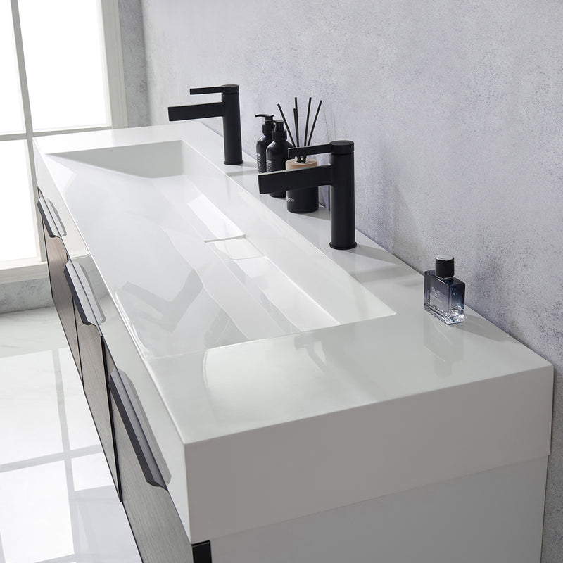 Vinnova Design Vegadeo 72" Double Sink Bath Vanity in Grey with White One-Piece Composite Stone Sink Top and Mirror