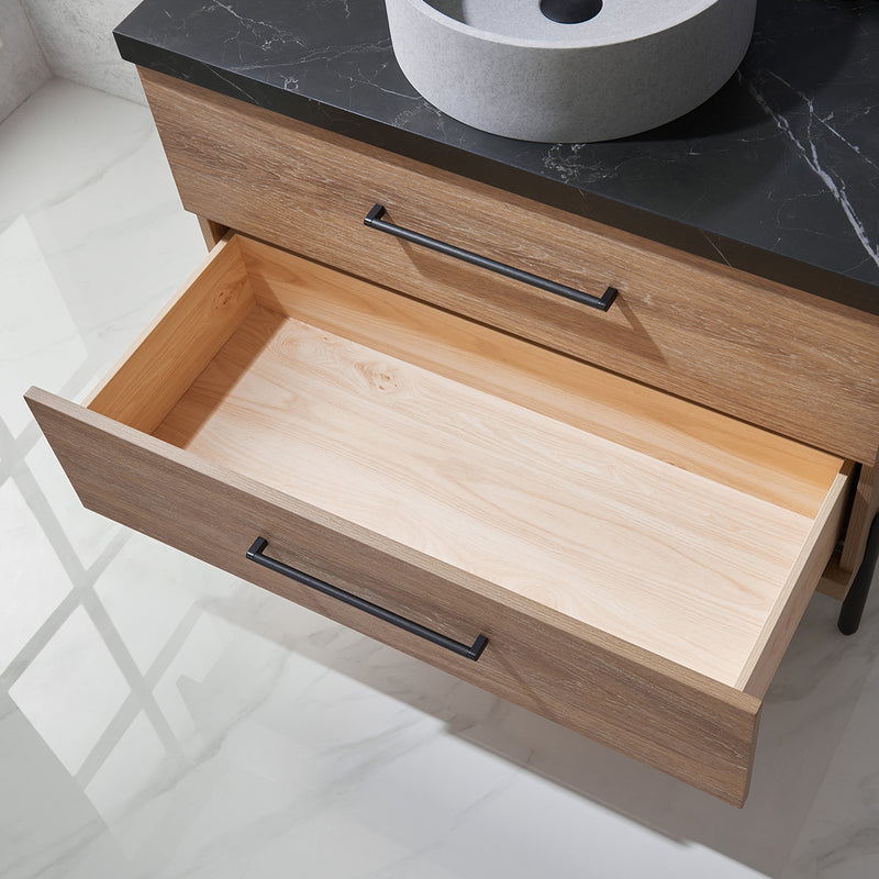 Trento 36" Single Sink-C Bath Vanity in North American Oak with Black Sintered Stone Top with Circular Concrete Sink