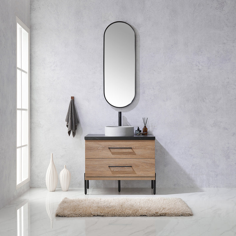 Trento 36" Single Sink-C Bath Vanity in North American Oak with Black Sintered Stone Top with Circular Concrete Sink