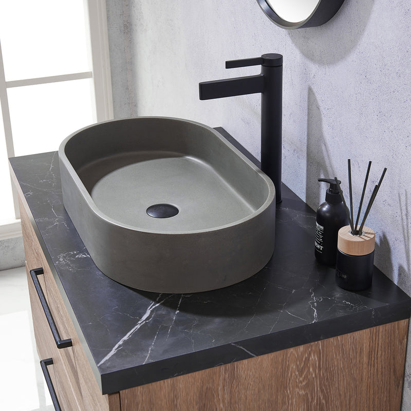 Trento 36" Single Sink-O Bath Vanity in North American Oak with Black Sintered Stone Top with Oval Concrete Sink