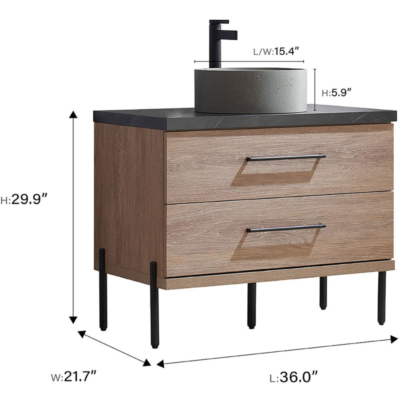 Trento 36" Single Sink-R Bath Vanity in North American Oak with Black Sintered Stone Top with Circular Concrete Sink