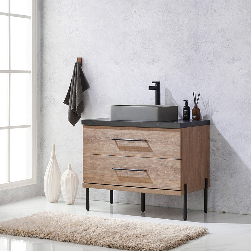 Trento 36" Single Sink-S Bath Vanity in North American Oak with Black Sintered Stone Top with Rectangular Concrete Sink