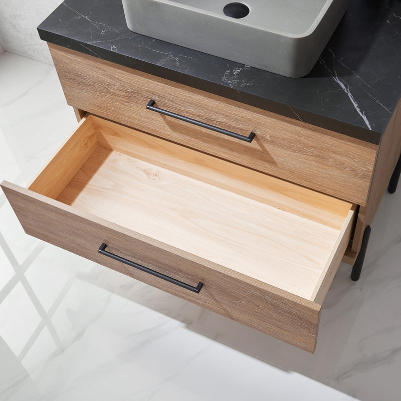 Trento 36" Single Sink-S Bath Vanity in North American Oak with Black Sintered Stone Top with Rectangular Concrete Sink